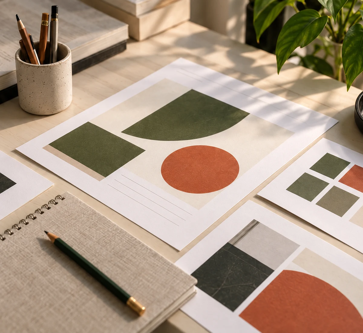An illustrative creative desk with neutral paper and colour swatches, without products